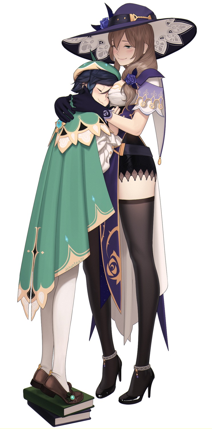 aconitea, cleavage, genshin_impact, heels, lisa_(genshin_impact), no_bra, pantyhose, thighhighs