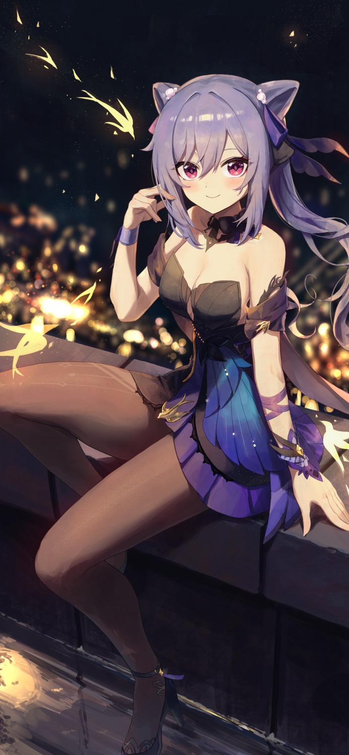 cleavage, dress, genshin_impact, heels, keqing, no_bra, pantyhose, pellas_(panix2383), skirt_lift