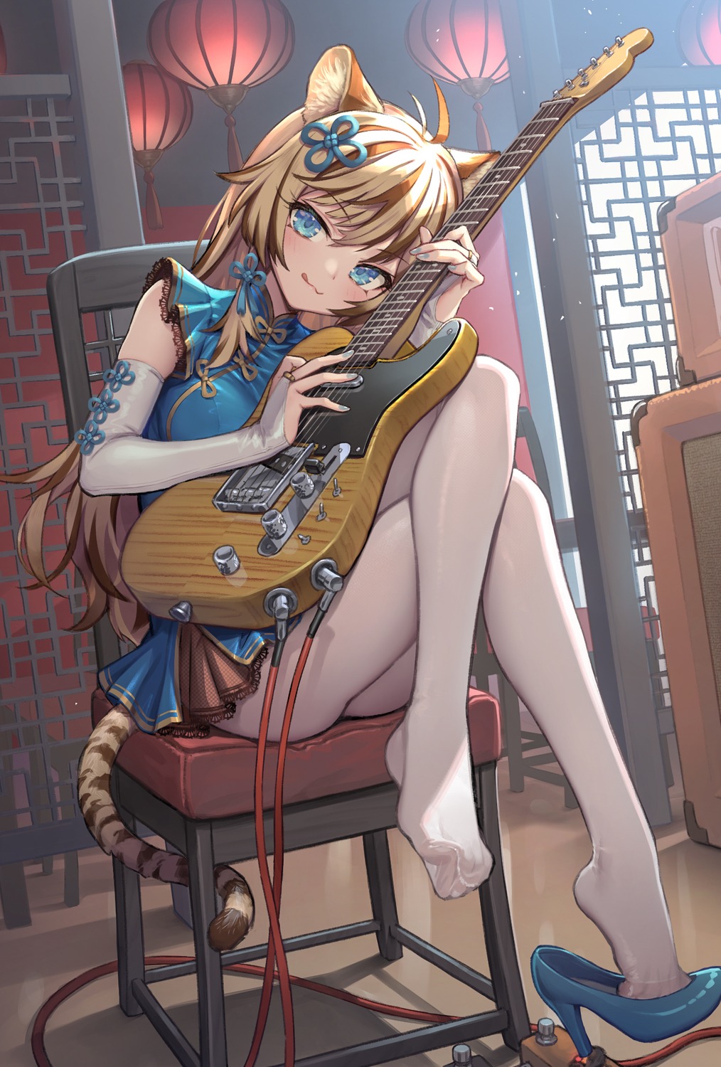 animal_ears, chinadress, feet, guitar, heels, kurobuta_gekkan, pantyhose, skirt_lift