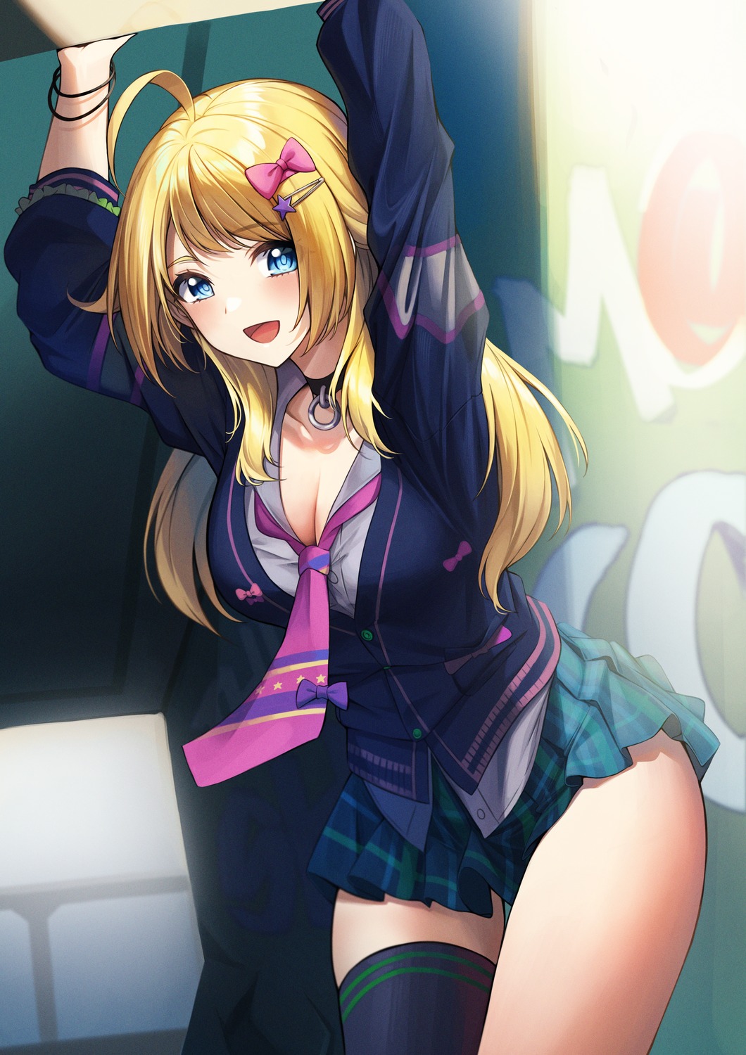 cleavage, hachimiya_meguru, open_shirt, seifuku, selfie, skirt_lift, sora_(men0105), sweater