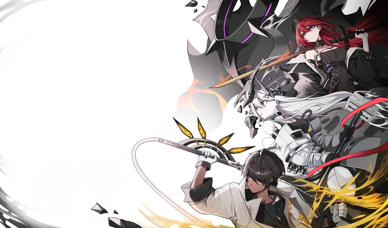 arknights, horns, mudrock_(arknights), ness_(pjw0168), surtr_(arknights), sword, thorns_(arknights), weapon