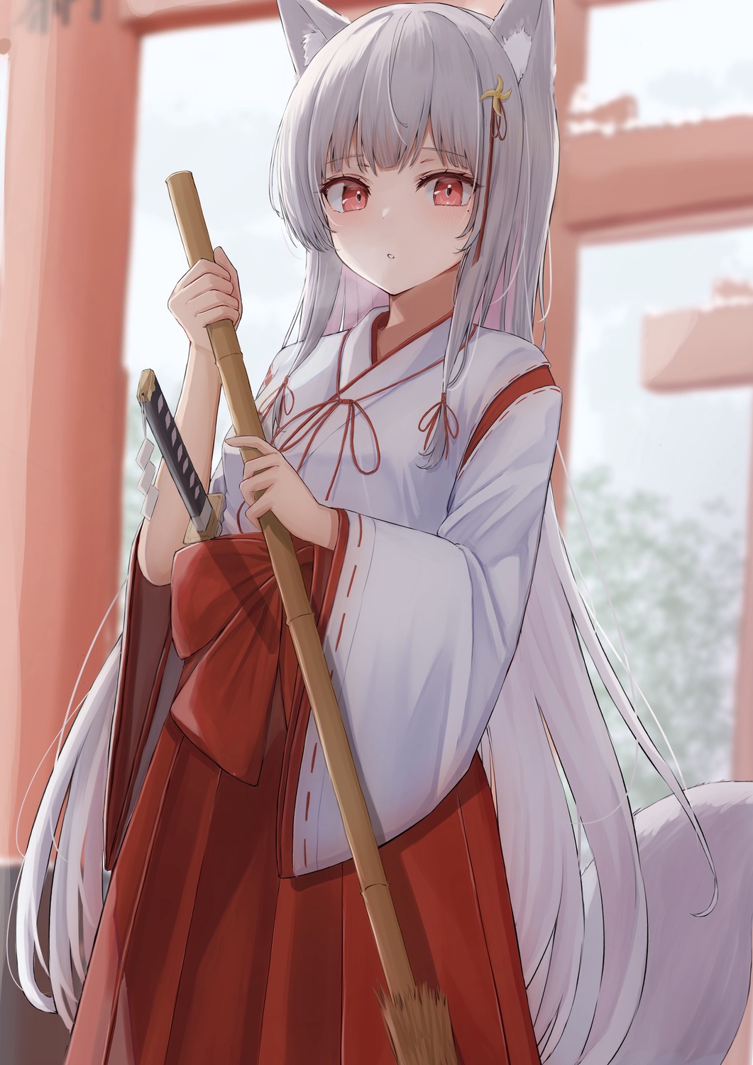 animal_ears, miko, sword, tail, tanshio
