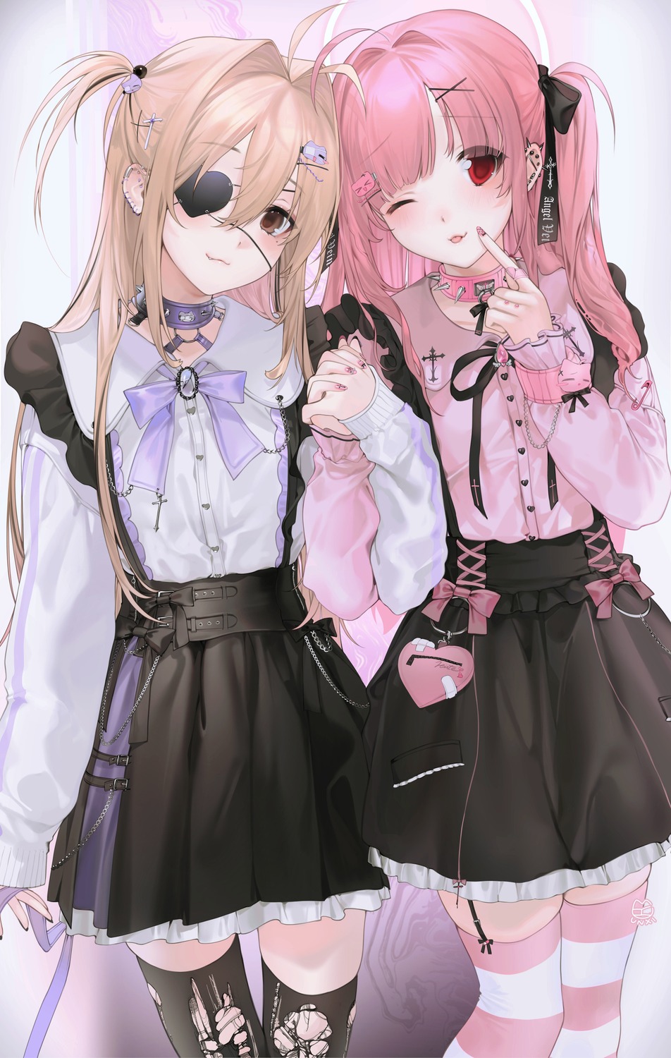 eyepatch, gothic_lolita, lilith_(unxi), lolita_fashion, stockings, thighhighs, torn_clothes, unxi, veinte_(unxi), yuri