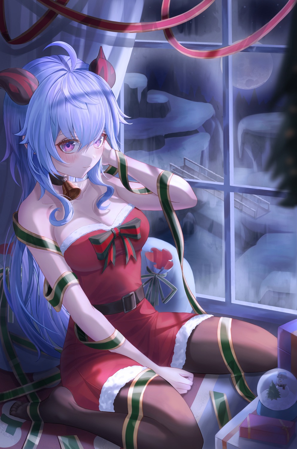 christmas, cleavage, dress, ganyu, genshin_impact, horns, no_bra, pantyhose