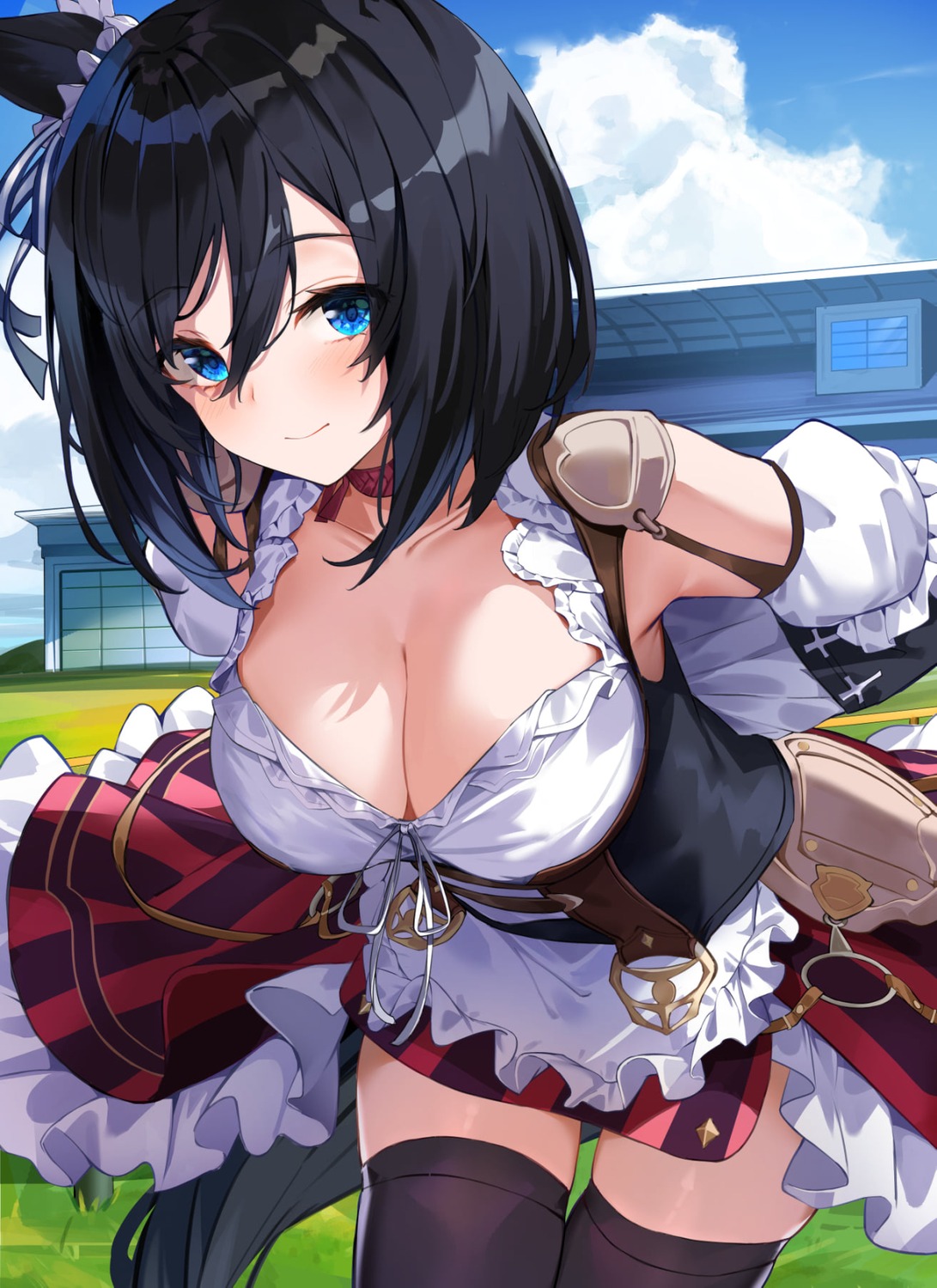 animal_ears, cleavage, eishin_flash_(umamusume), isaya_(pixiv4541633), skirt_lift, tail, thighhighs, uma_musume_pretty_derby