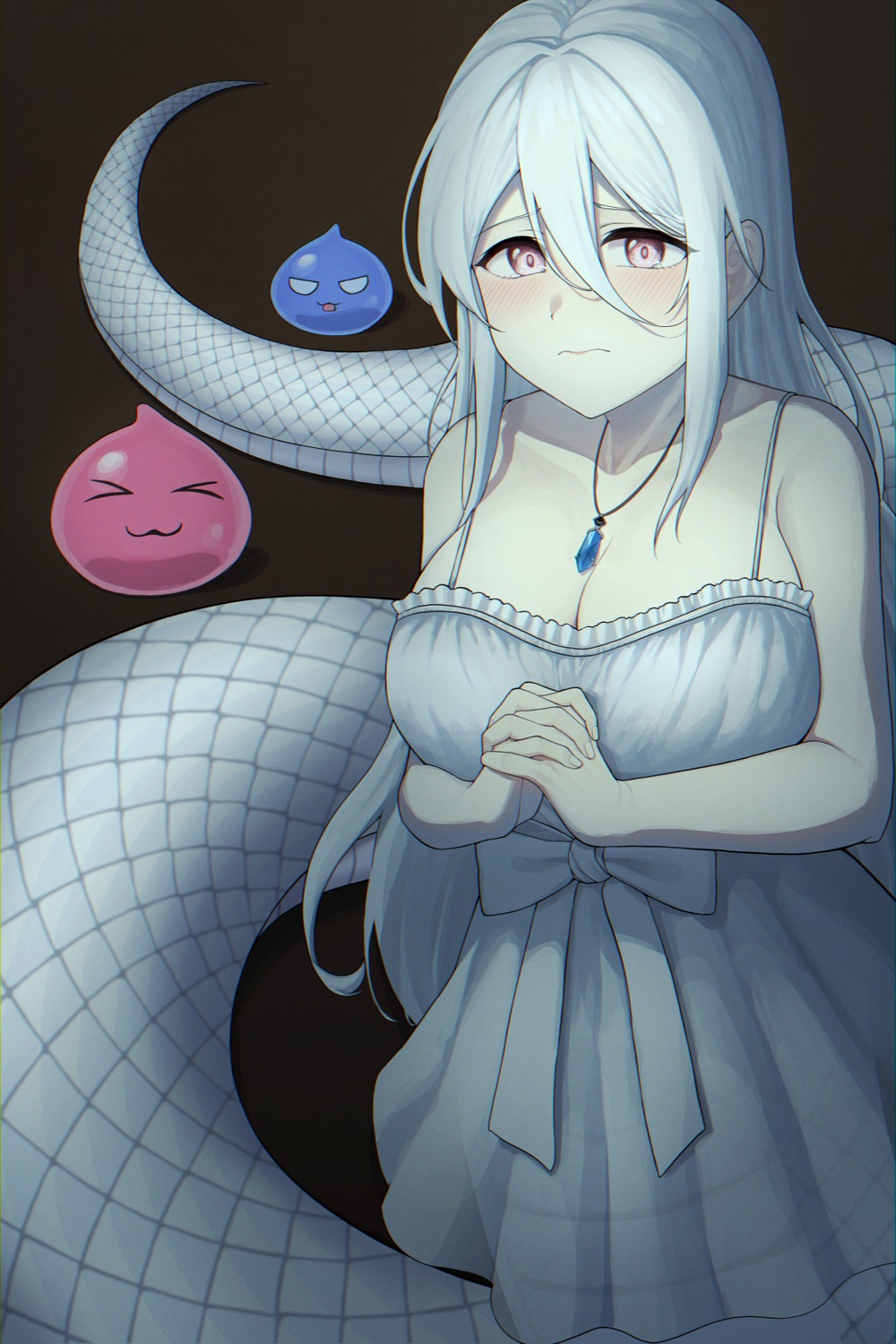 cleavage, dress, dwune, monster_girl, no_bra, see_through, tail