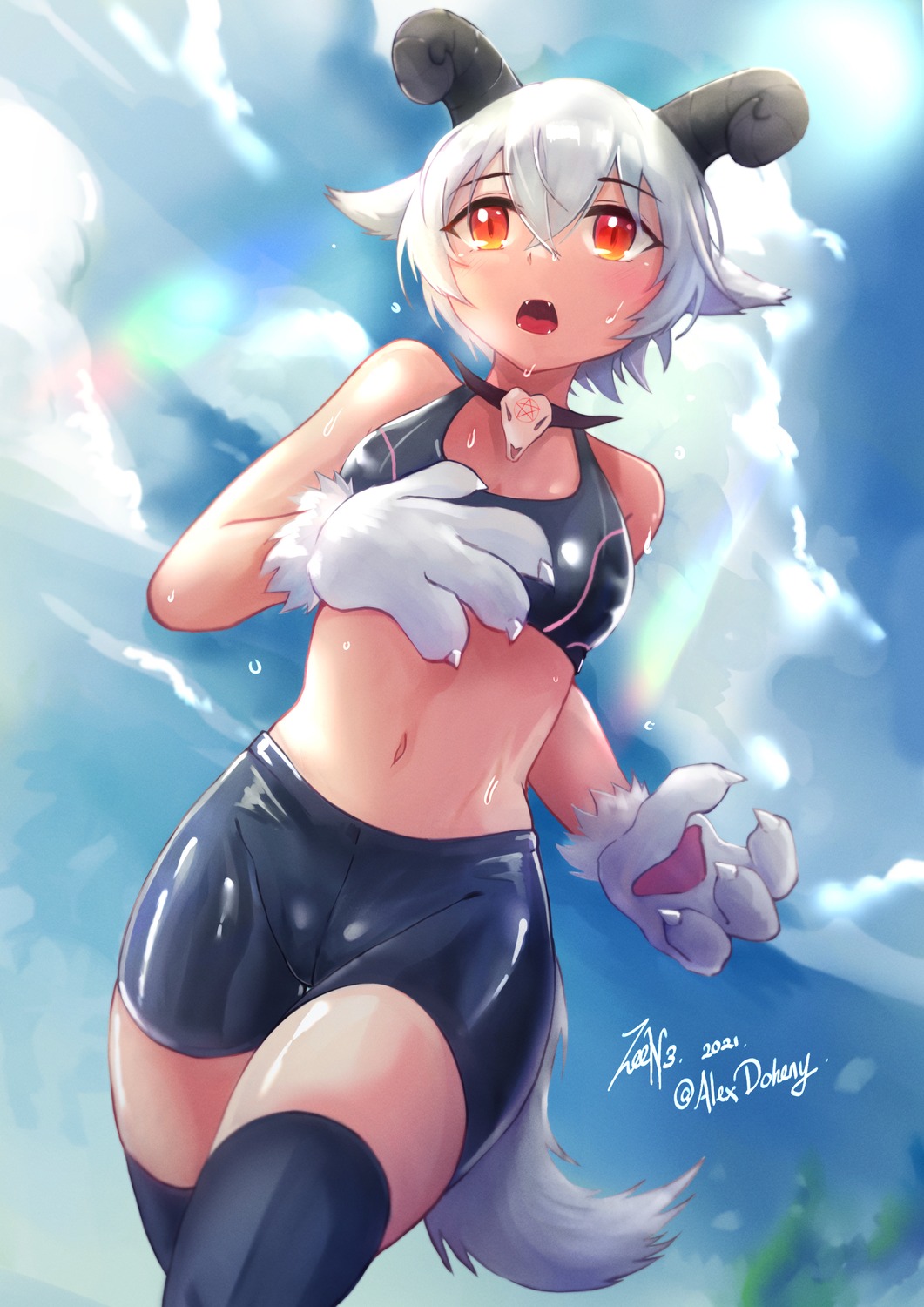 animal_ears, bike_shorts, bra, gym_uniform, horns, monster_girl, monster_girl_encyclopedia, tail