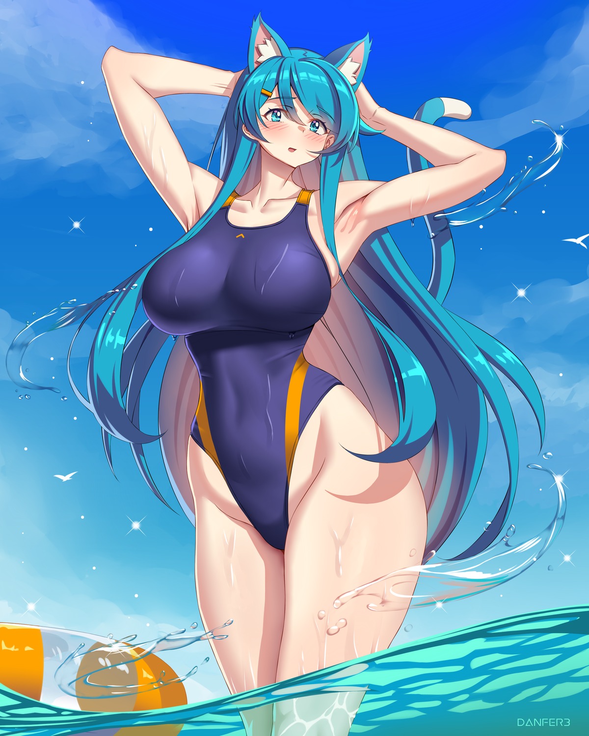 animal_ears, danfer3, leena, nekomimi, swimsuits, tail, wet