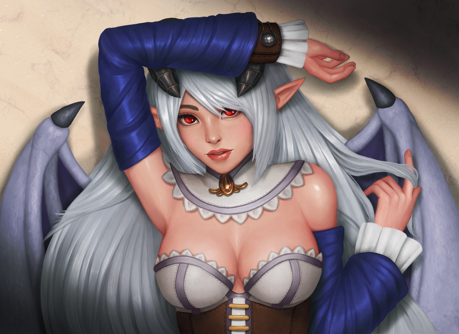 devil, horns, lilim_(monster_girl_encyclopedia), monster_girl_encyclopedia, no_bra, pointy_ears, veralde, wings