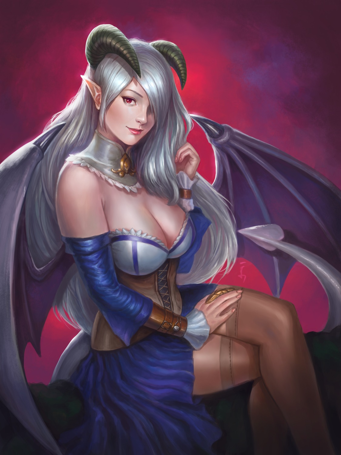 angan_kelana, devil, horns, lilim_(monster_girl_encyclopedia), monster_girl_encyclopedia, no_bra, pointy_ears, tail
