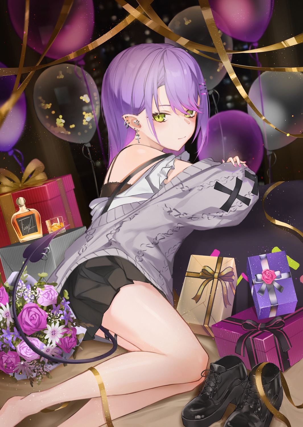 garter, hololive, pointy_ears, rasa_k, sweater, tokoyami_towa