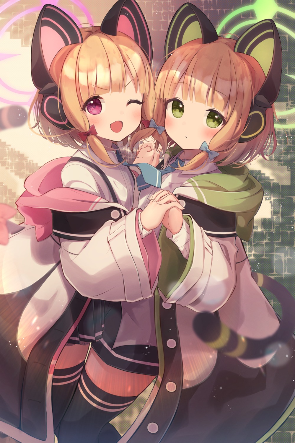 animal_ears, blue_archive, halo, hazuki_lime, headphones, nekomimi, saiba_midori, saiba_momoi, seifuku, tail, thighhighs