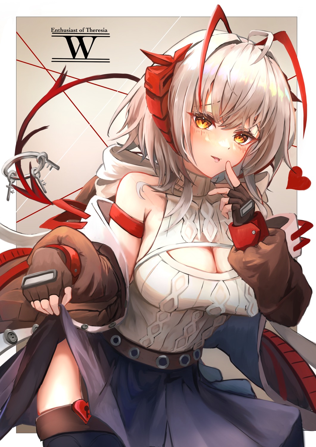 arknights, cleavage, horns, kurosabi_neko, skirt_lift, stockings, sweater, thighhighs, w_(arknights)