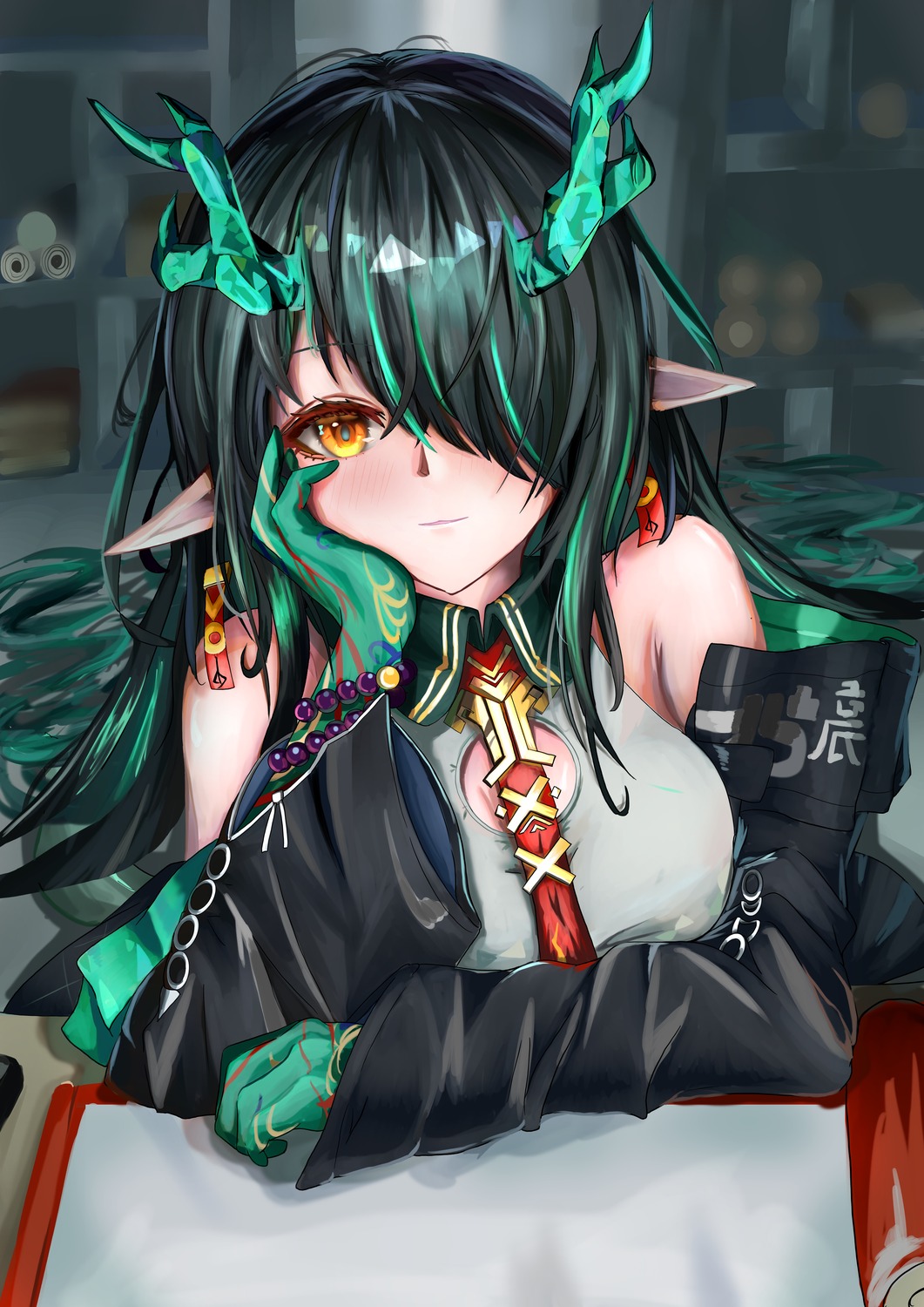 arknights, dusk_(arknights), horns, kurosabi_neko, pointy_ears