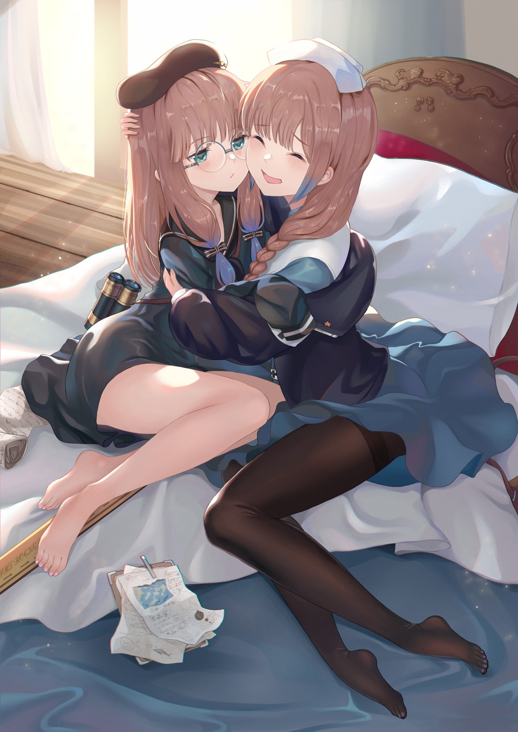 captain_nemo_(fate/grand_order), fate/grand_order, highlanderz2066, megane, nurse_nemo_(fate), pantyhose, professor_nemo_(fate), seifuku, skirt_lift, yuri