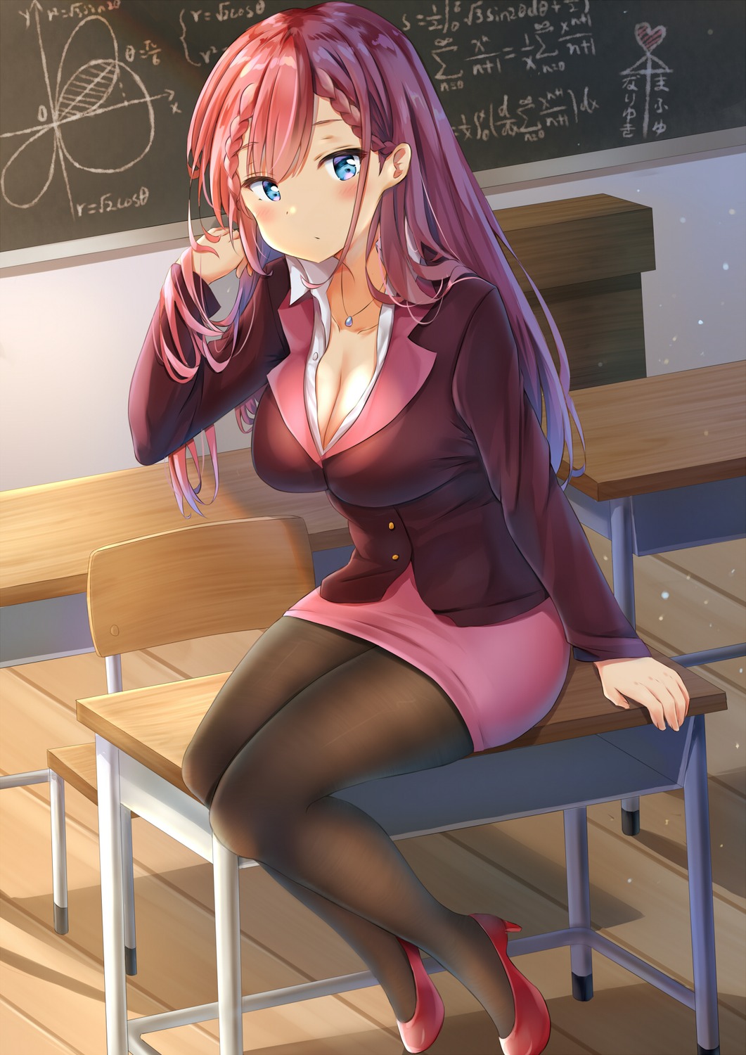 bokutachi_wa_benkyou_ga_dekinai, business_suit, cleavage, heels, ikarosu, kirisu_mafuyu, open_shirt, pantyhose