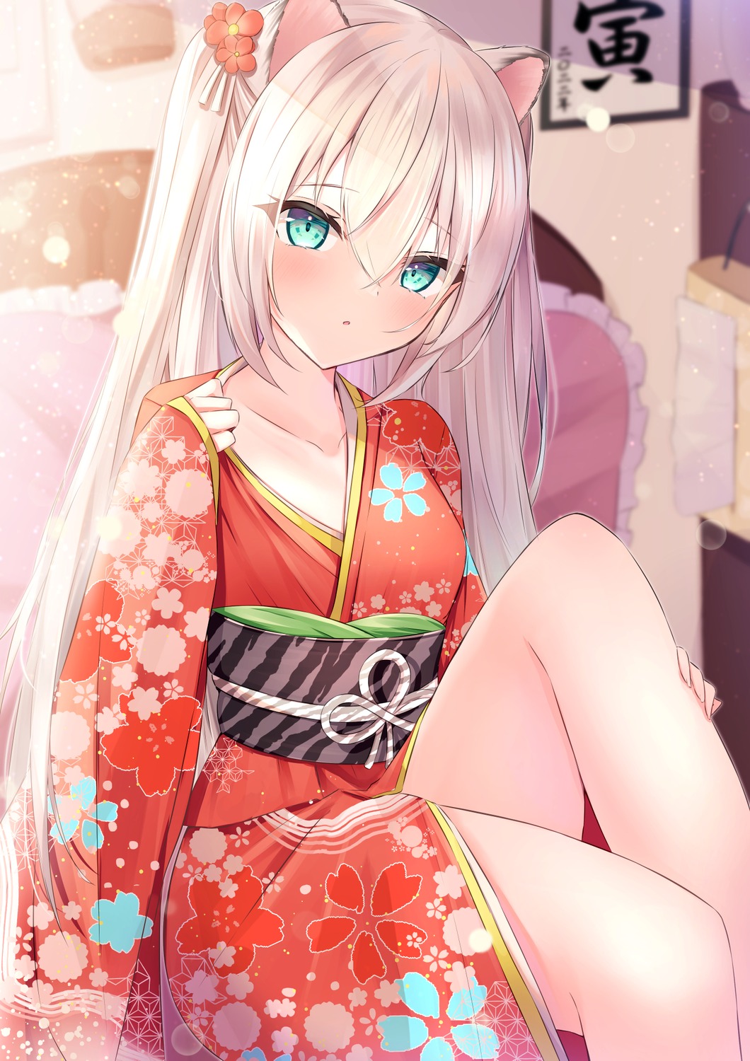 animal_ears, aonu_koru, kimono, open_shirt, skirt_lift, undressing