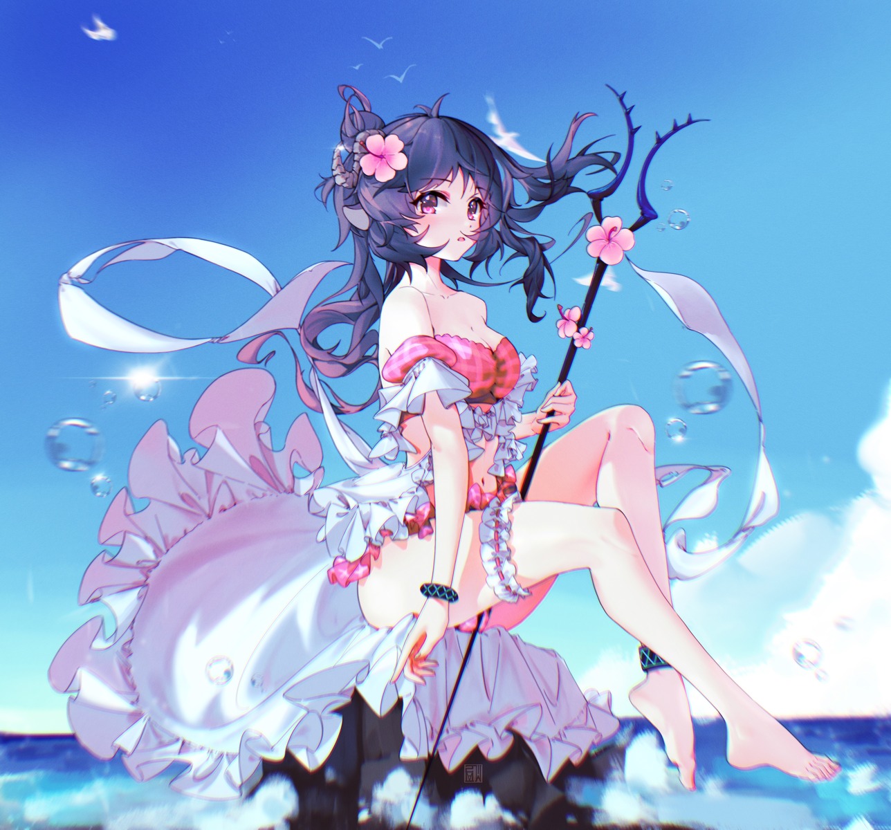 animal_ears, arknights, bikini, chen_wei, cic_tatsumi, cleavage, eyjafjalla_(arknights), garter, horns, open_shirt, skirt_lift, swimsuits, weapon