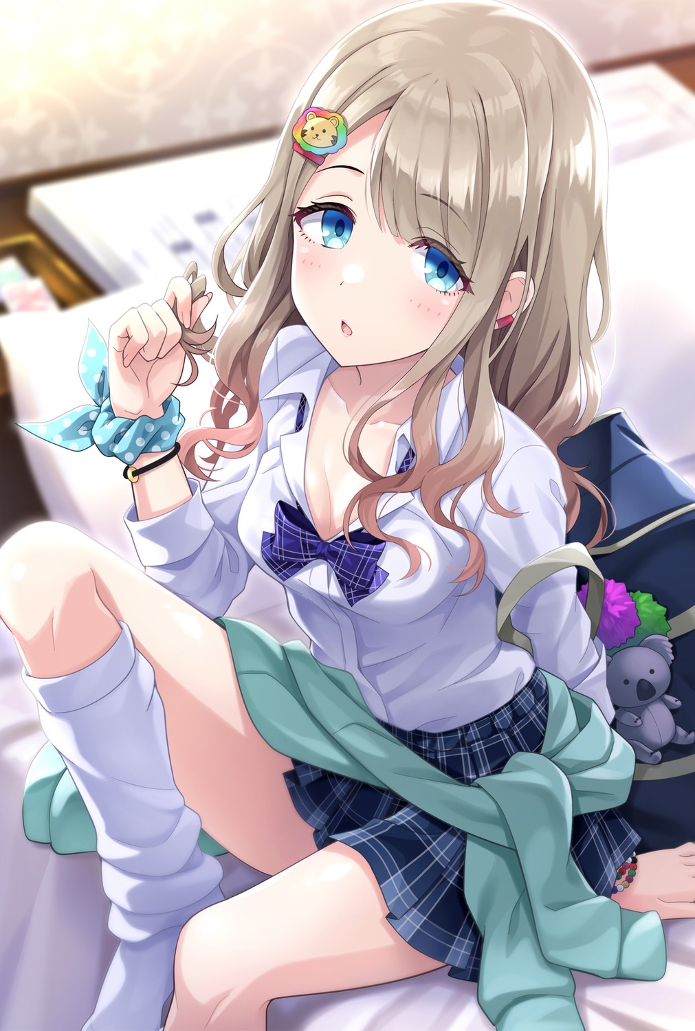 cleavage, open_shirt, seifuku, serizawa_asahi, skirt_lift, sweater, the_idolm@ster, the_idolm@ster_shiny_colors