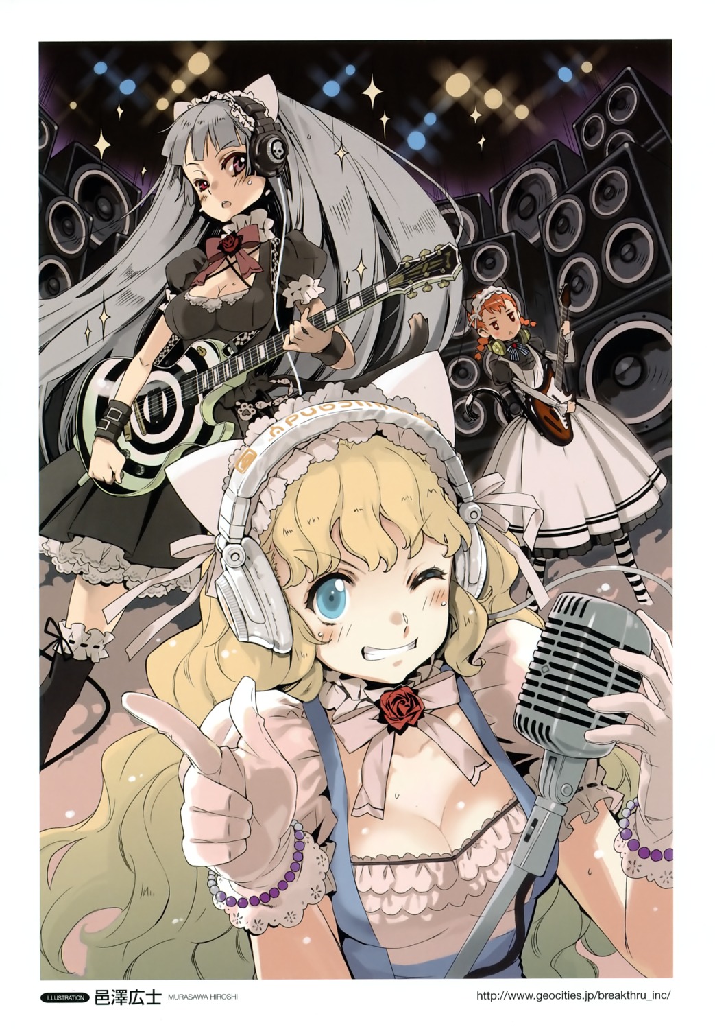 animal_ears, cleavage, guitar, headphones, lolita_fashion, murasawa_hiroshi, nekomimi
