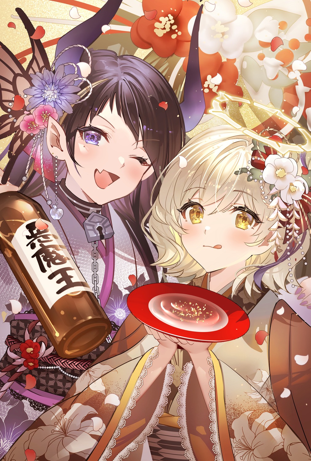 angel, horns, kimono, noir_eku, pointy_ears, sake