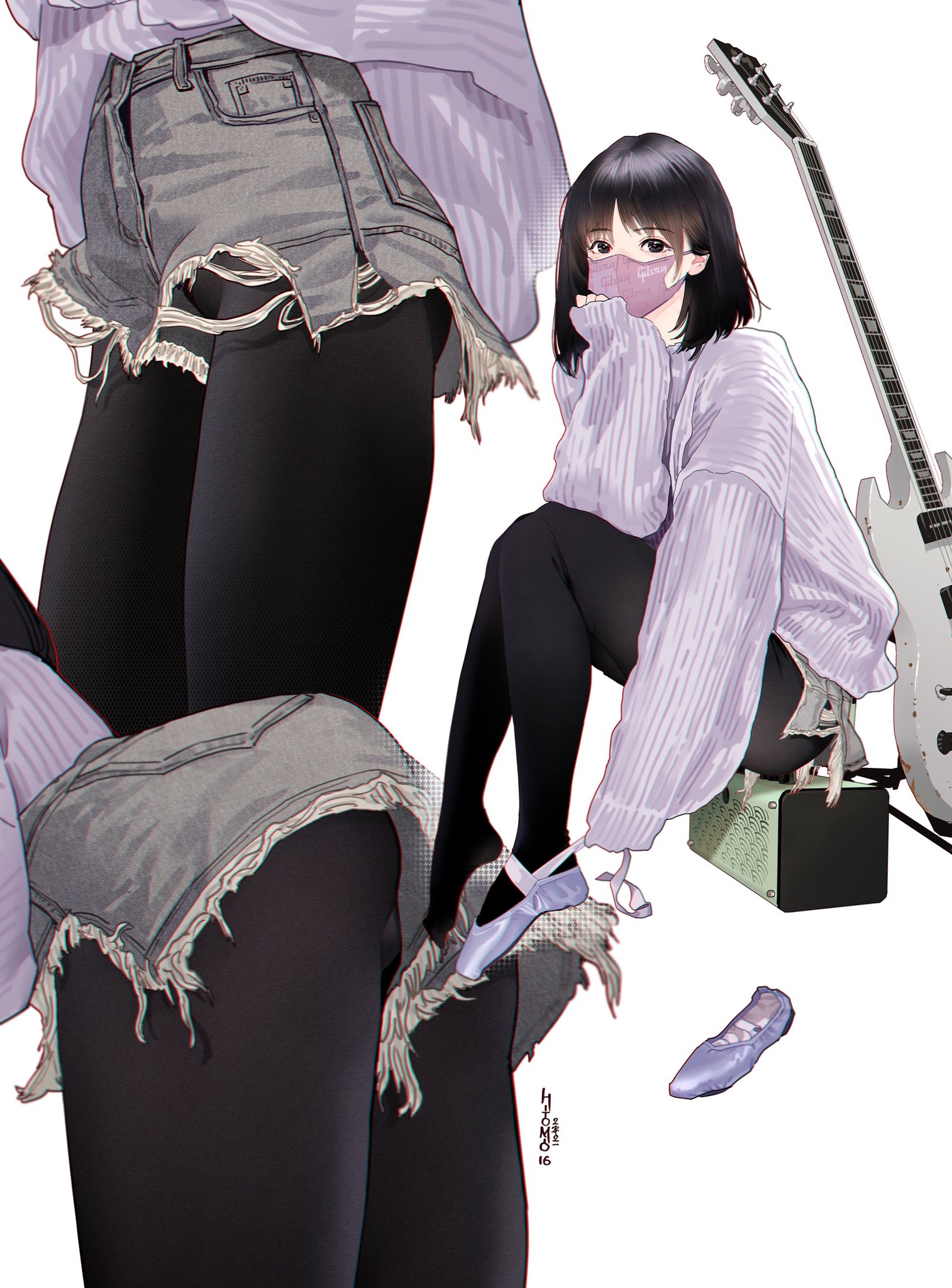 ass, guitar, hitomi_o, pantyhose, sweater, torn_clothes
