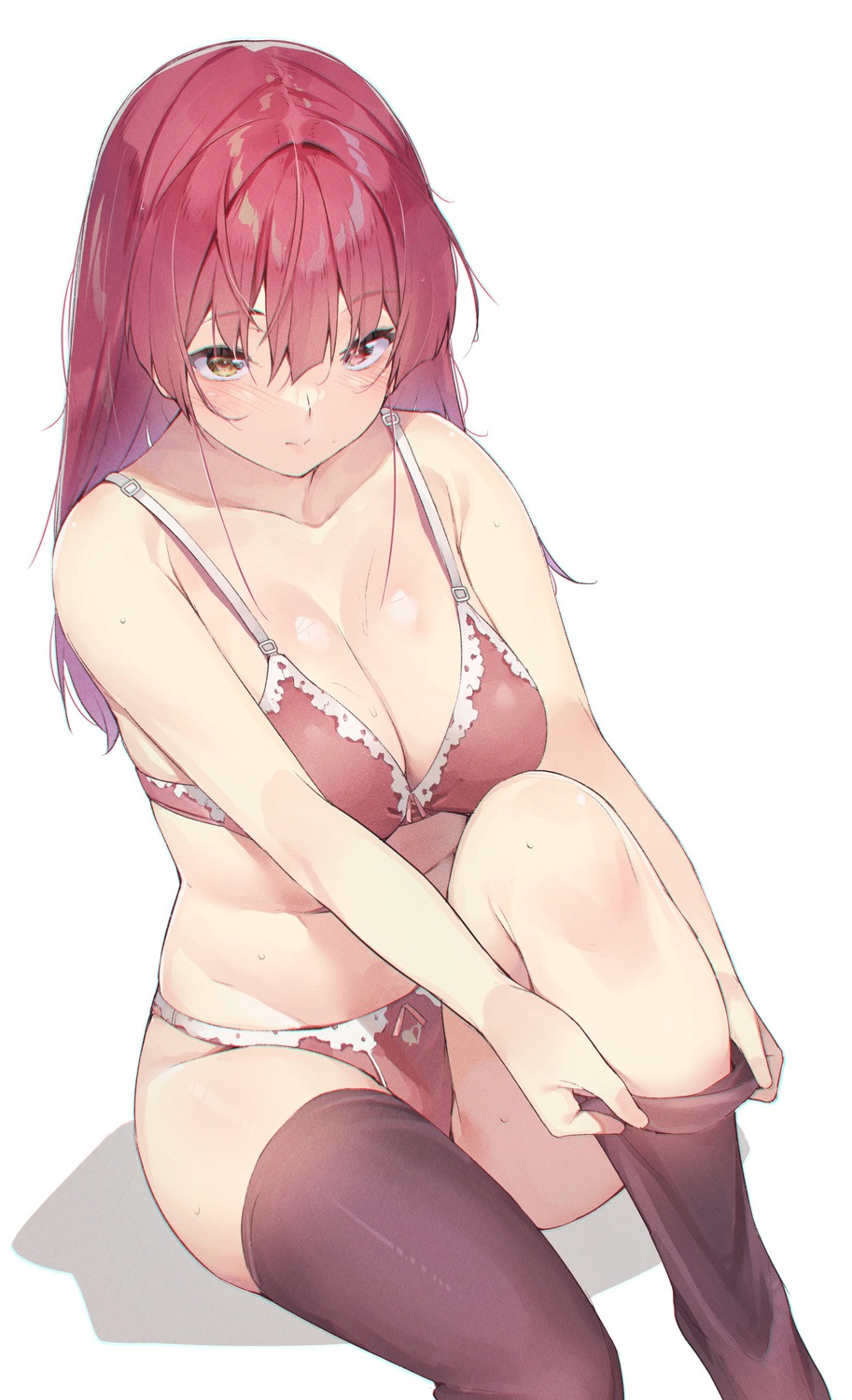 bra, cleavage, heterochromia, hololive, houshou_marine, koubou_(cowbow_kun), pantsu, thighhighs, undressing