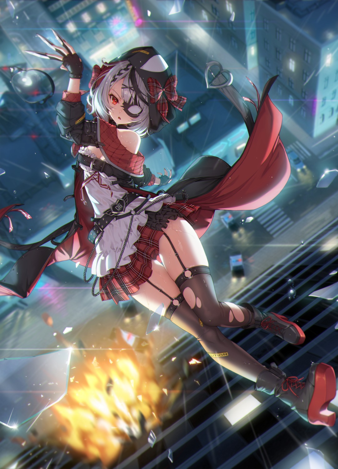 eyepatch, hololive, sakamata_chloe, skirt_lift, sseli, stockings, thighhighs, torn_clothes