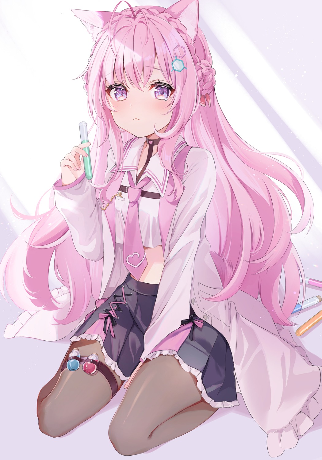 animal_ears, garter, hakui_koyori, hololive, kabi_akaru, pantyhose, seifuku, tail