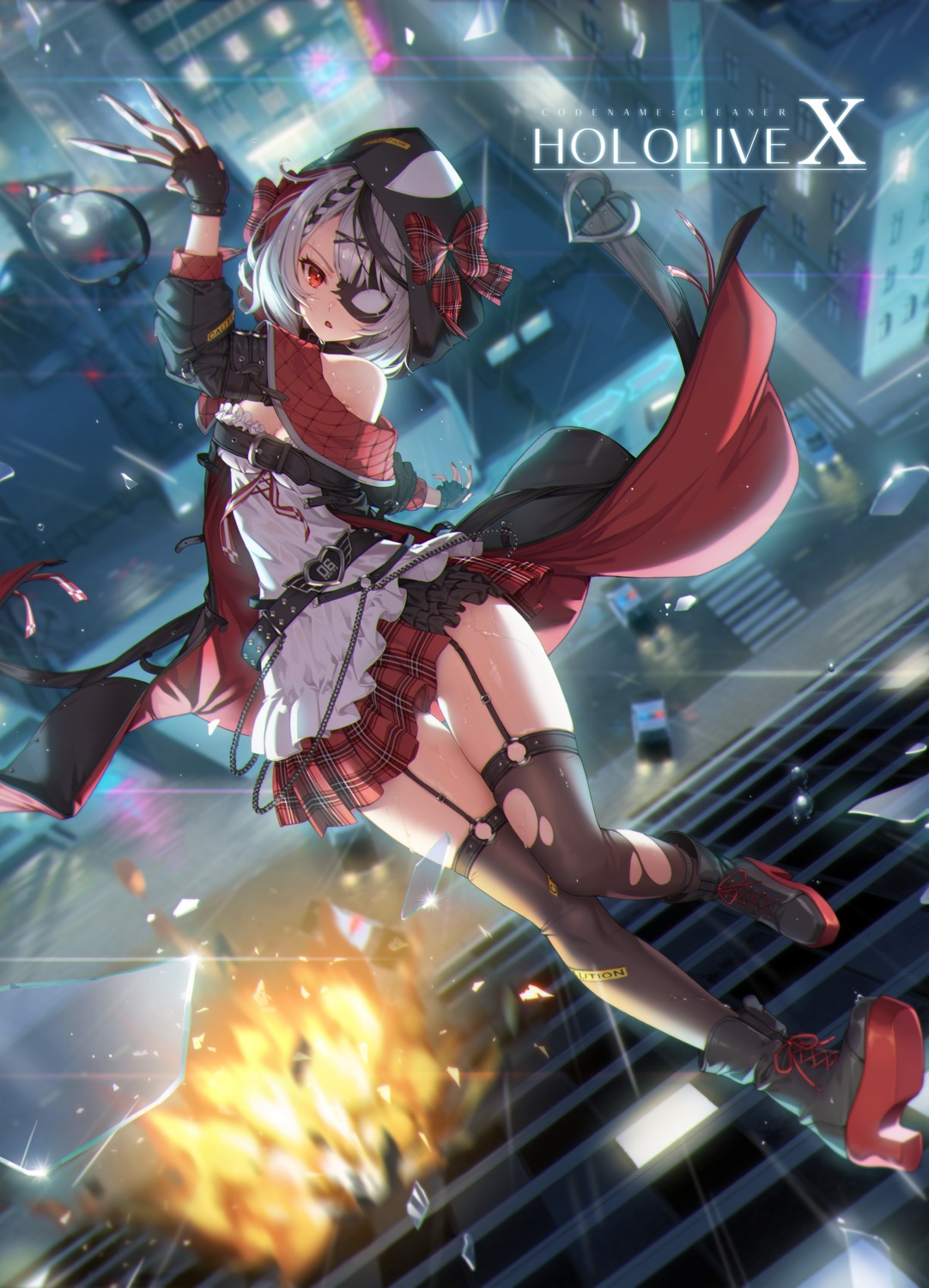 eyepatch, hololive, sakamata_chloe, skirt_lift, sseli, stockings, thighhighs, torn_clothes