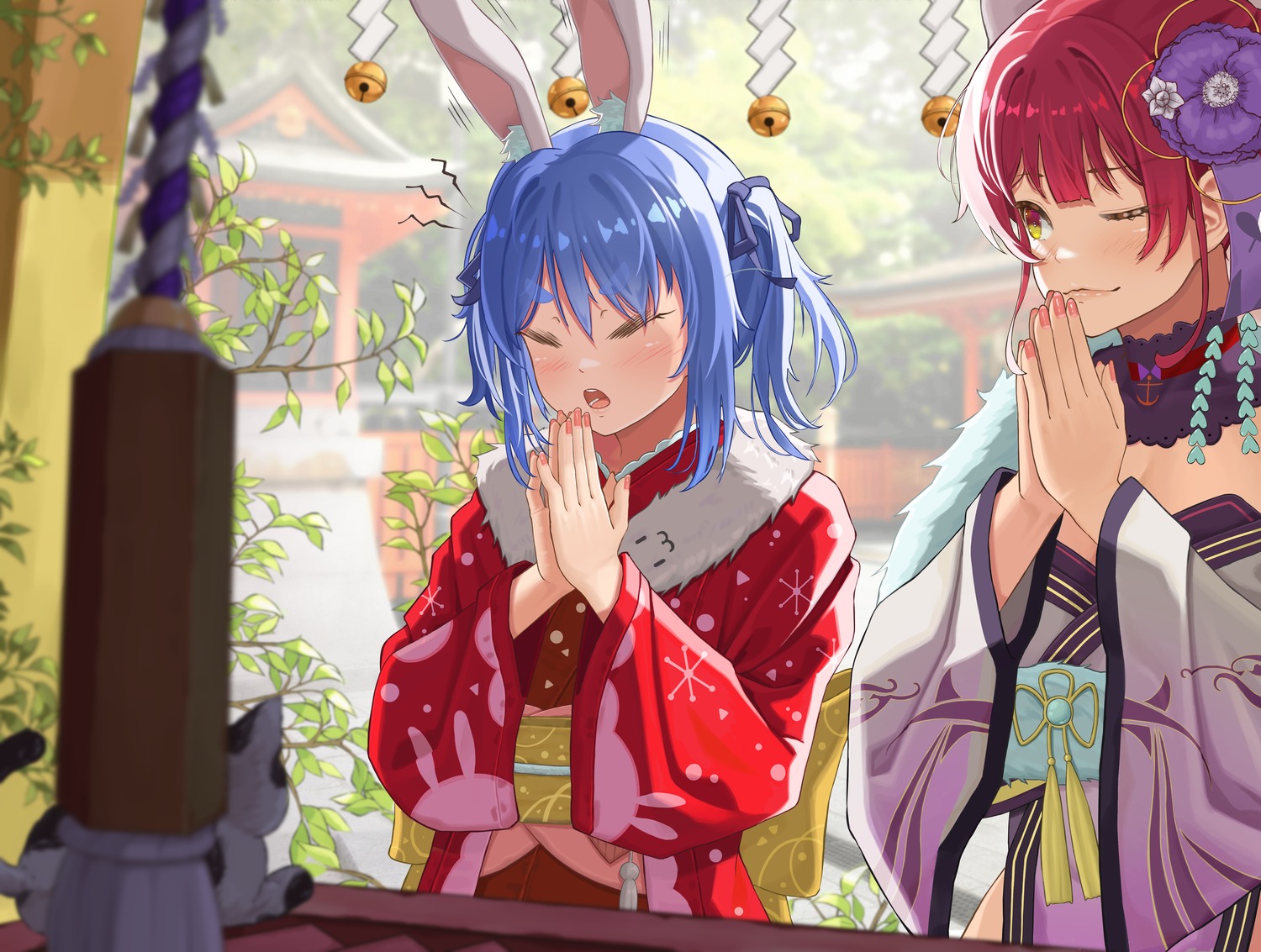 animal_ears, bangom_r, bunny_ears, hololive, houshou_marine, kimono, usada_pekora