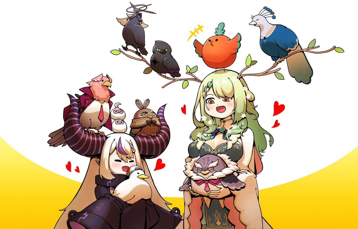 ceres_fauna, cleavage, crow_(la+_darknesss), devil, dress, gooster, hololive, hololive_english, hololive_indonesia, horns, la+_darknesss, nanashi_mumei, oozora_subaru, ouro_kronii, pavolia_reine, pointy_ears, takanashi_kiara, takane_lui