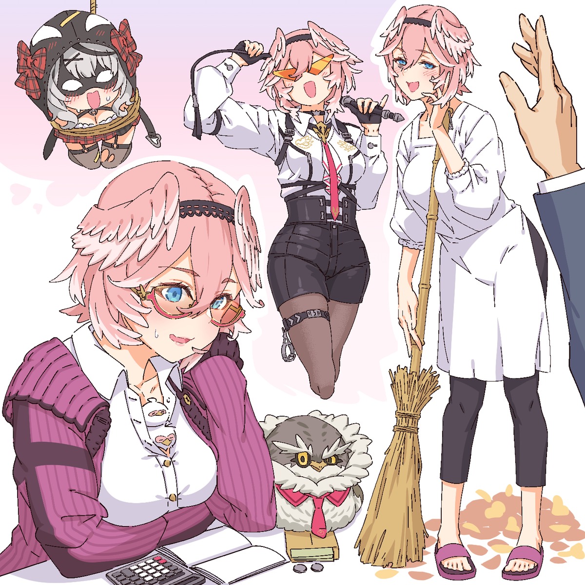 bondage, cleavage, feet, ganmo_(takane_lui), garter, hololive, megane, pantyhose, sakamata_chloe, stockings, takane_lui, tataki_tuna, thighhighs, torn_clothes, tsukune_(takane_lui), tsumire_(takane_lui), uniform, wings