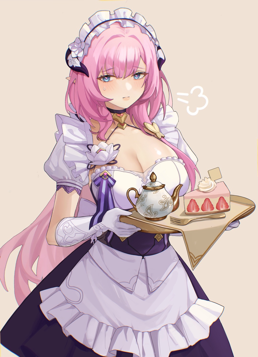 benghuai_xueyuan, cleavage, elysia_(honkai_impact), honkai_impact, horns, maid, pointy_ears, see_through, tutou_jiang
