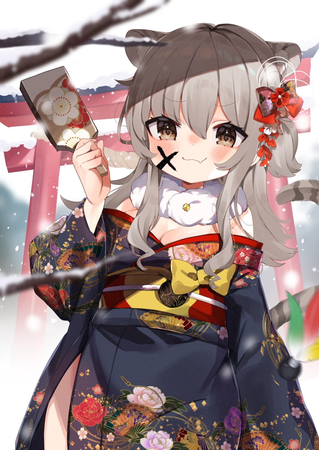 animal_ears, cleavage, kimono, no_bra, noi_mine, open_shirt, tail
