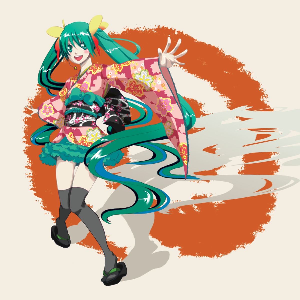 hatsune_miku, kimono, naho, thighhighs, vocaloid