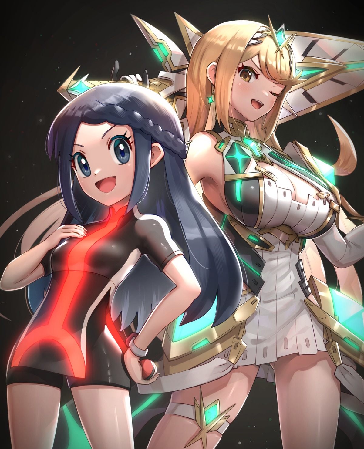 bike_shorts, cleavage, crossover, dress, garter, gonzarez, hikari_(pokemon), hikari_(xenoblade_2)