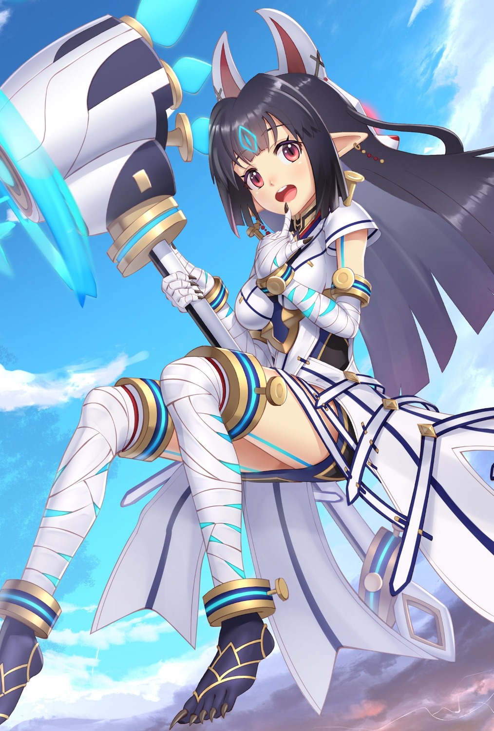 bandages, dress, feet, gonzarez, kasane_(xenoblade_2), pointy_ears, thighhighs, weapon, xenoblade_(series), xenoblade_2