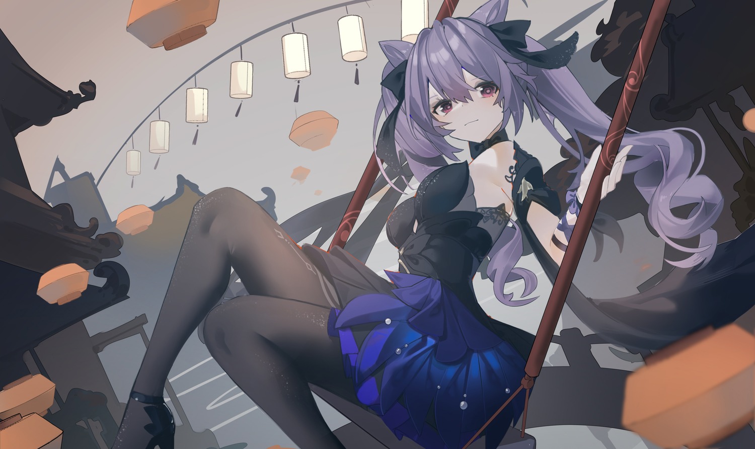 dress, genshin_impact, heels, keqing, no_bra, pantyhose, qtian, skirt_lift