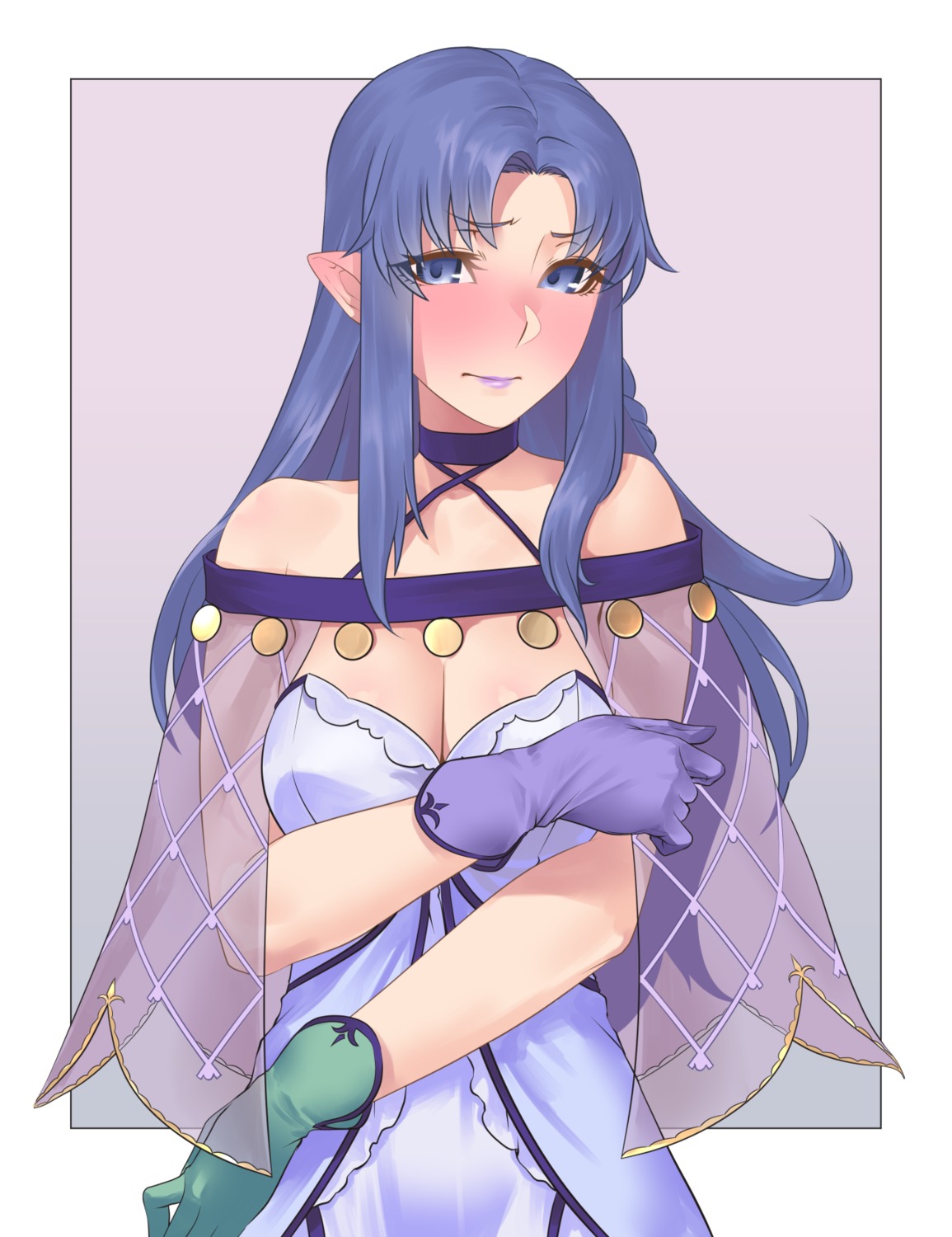 breast_hold, cleavage, dress, fate/stay_night, hikichi_sakuya, medea_(fate), no_bra, pointy_ears