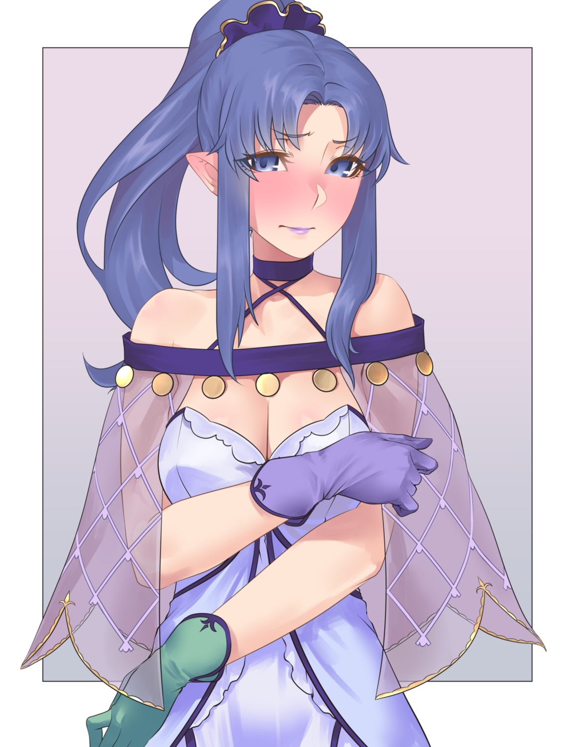 breast_hold, cleavage, dress, fate/stay_night, hikichi_sakuya, medea_(fate), no_bra, pointy_ears