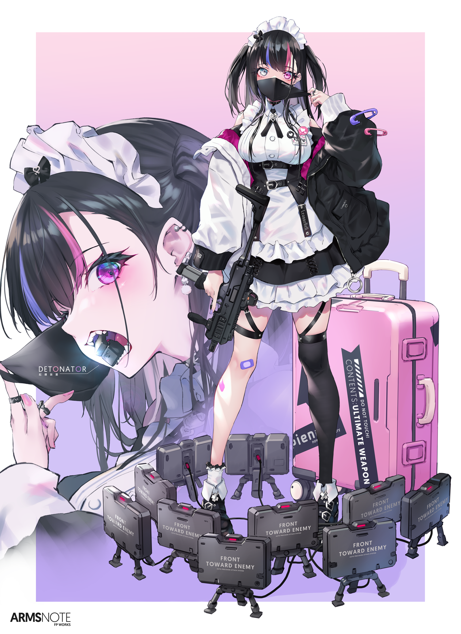 arms_note, bandaid, fukai_ryosuke, garter, gun, heterochromia, maid, stockings