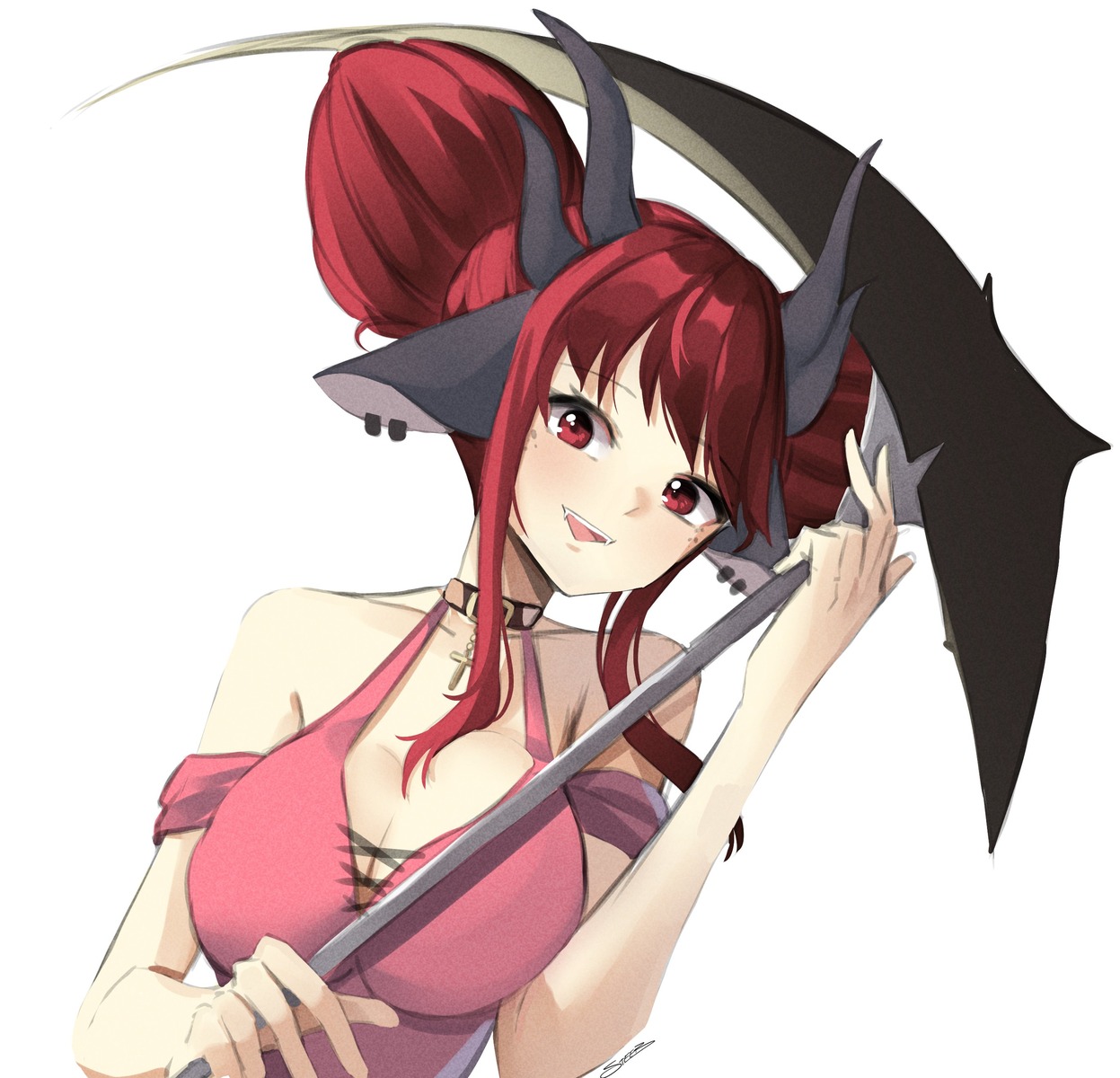 animal_ears, cleavage, horns, no_bra, steeb, weapon
