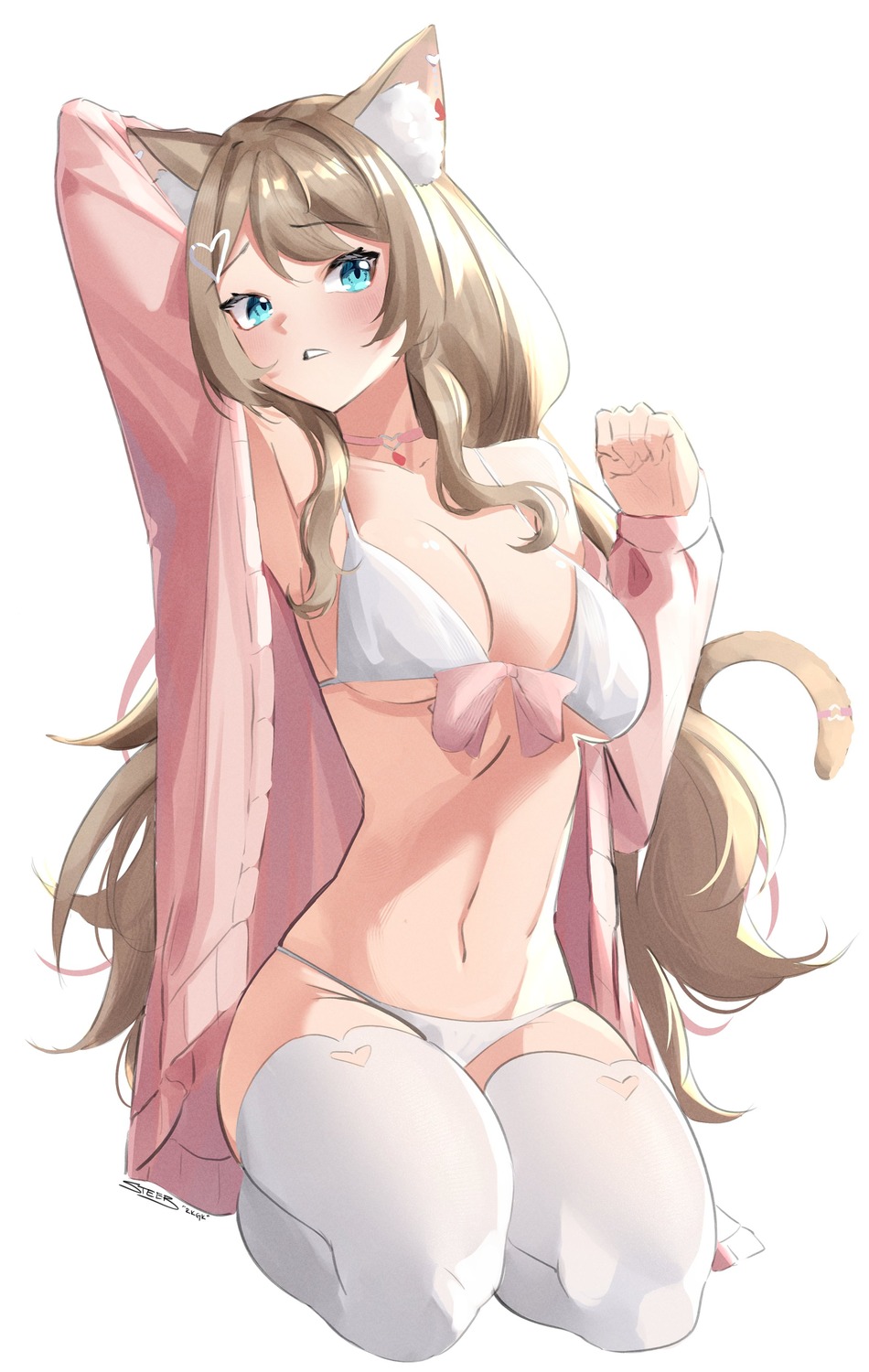 animal_ears, bikini, nekomimi, open_shirt, sketch, steeb, sweater, swimsuits