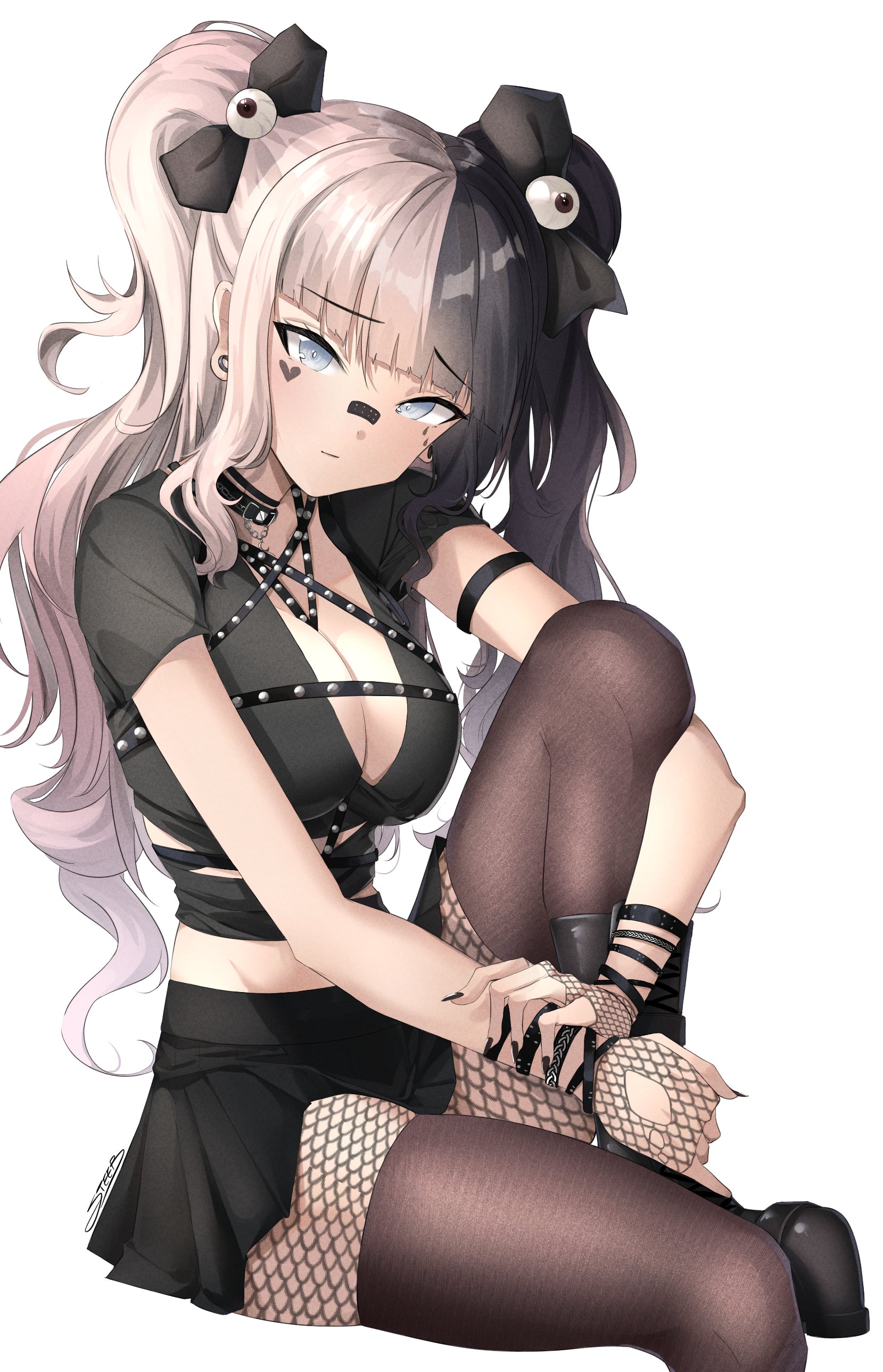 bandaid, cleavage, fishnets, pantyhose, skirt_lift, steeb, tattoo, thighhighs