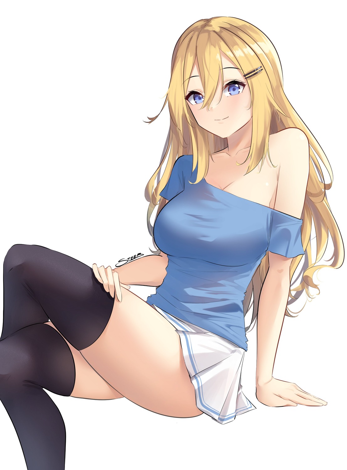 no_bra, skirt_lift, steeb, thighhighs