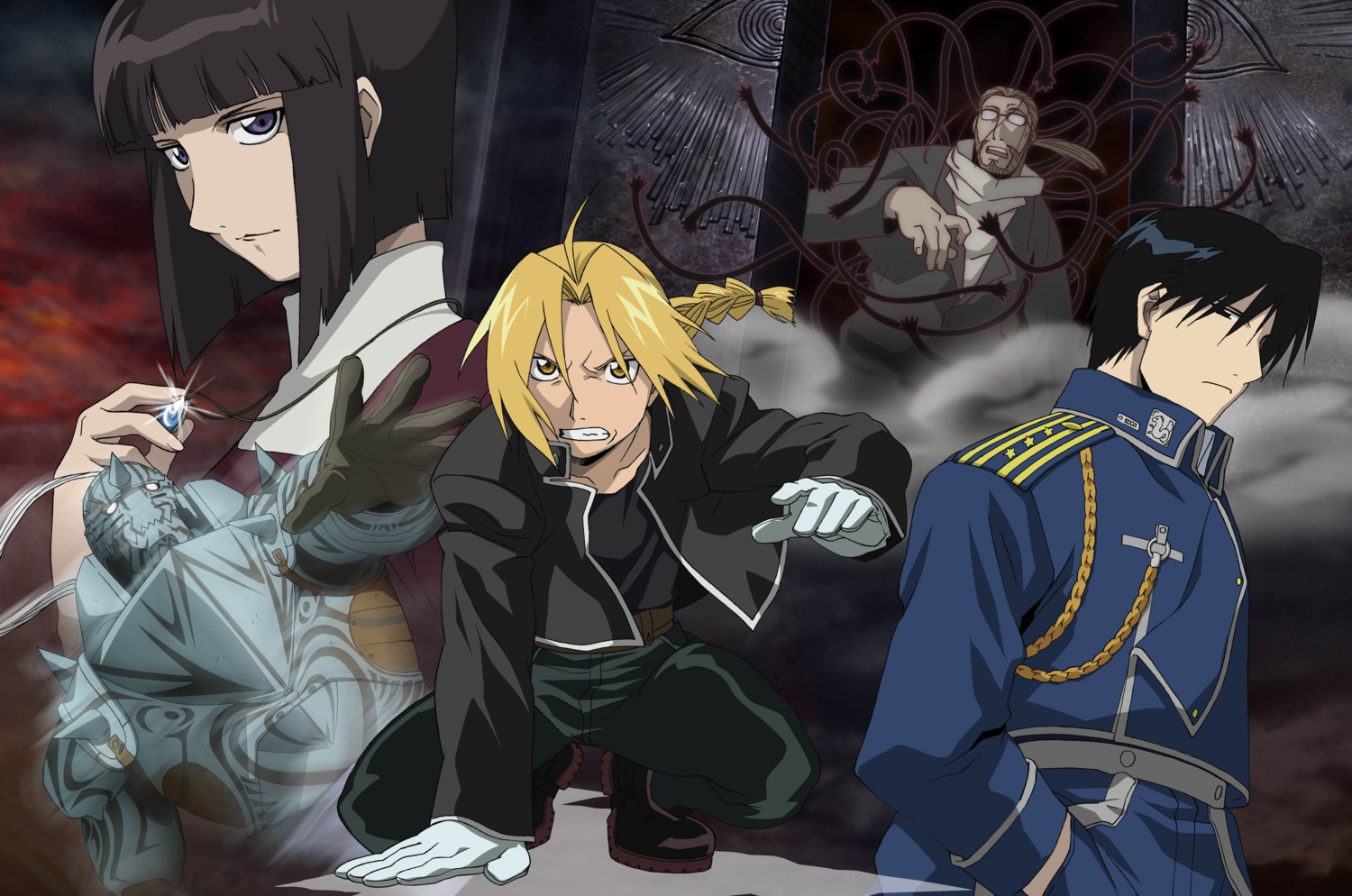 alphonse_elric, dante_(full_metal_alchemist), edward_elric, fullmetal_alchemist, megane, roy_mustang, van_hohenheim