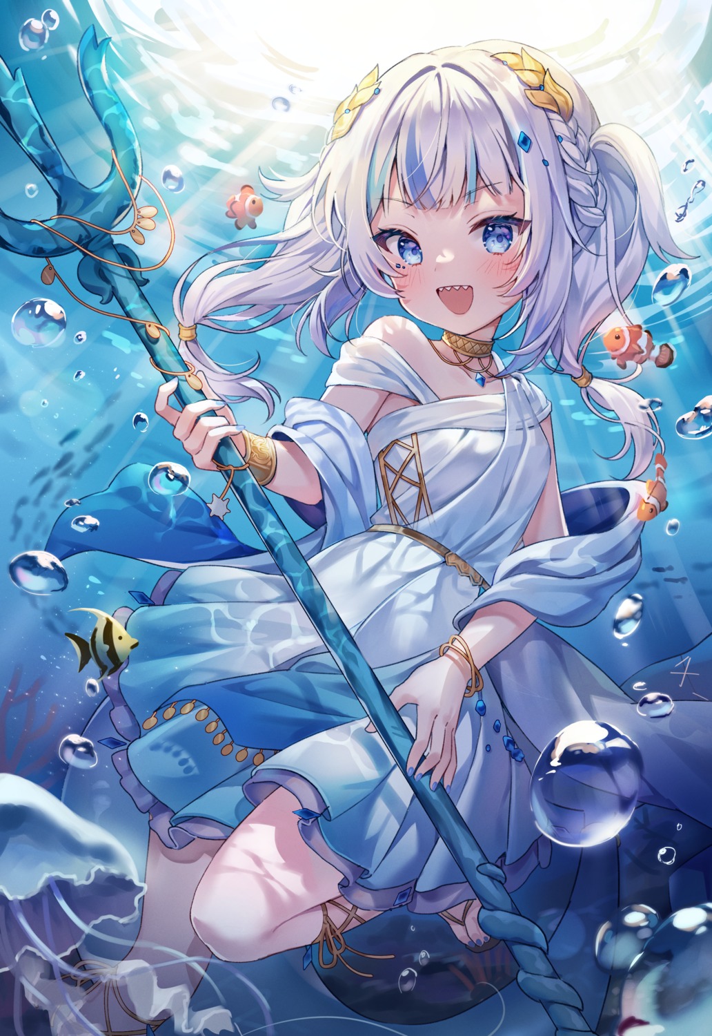 dress, gawr_gura, hololive, hololive_english, pongu, tail, weapon