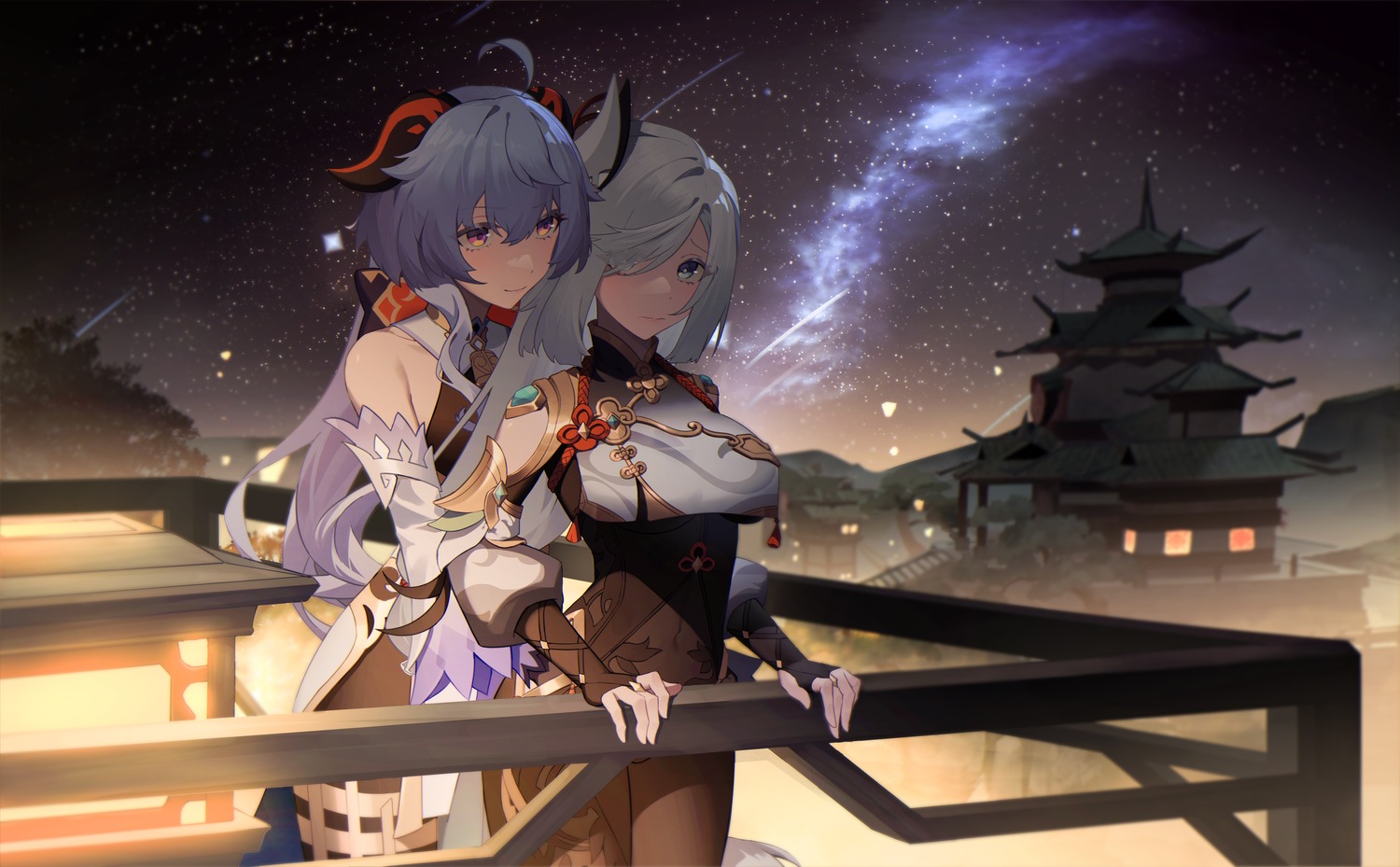 asian_clothes, bodysuit, ganyu, genshin_impact, heiyizhushenxia, horns, shenhe, yuri