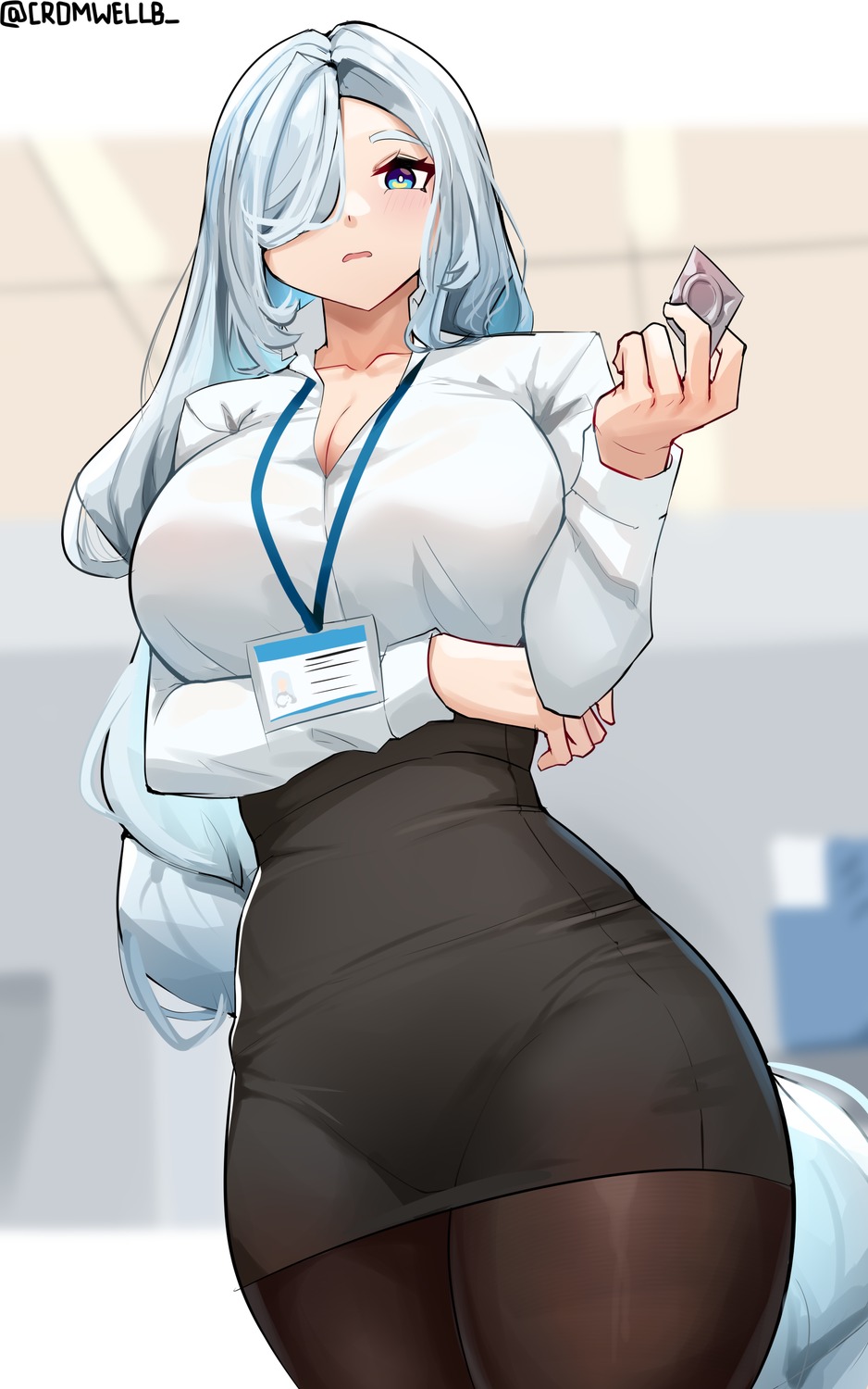 breast_hold, cleavage, cromwellb, dress_shirt, genshin_impact, pantyhose, see_through, shenhe
